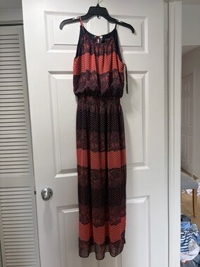 Enfocus Studio Coral and Black Patterned Maxi Dress